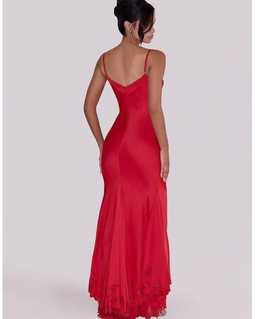 House Of Cb Red Anastelle Hand Beaded Embellished Satin Maxi Dress