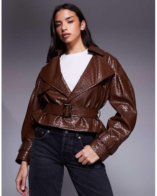 River Island Brown Faux Leather Woven Belted Crop Trench