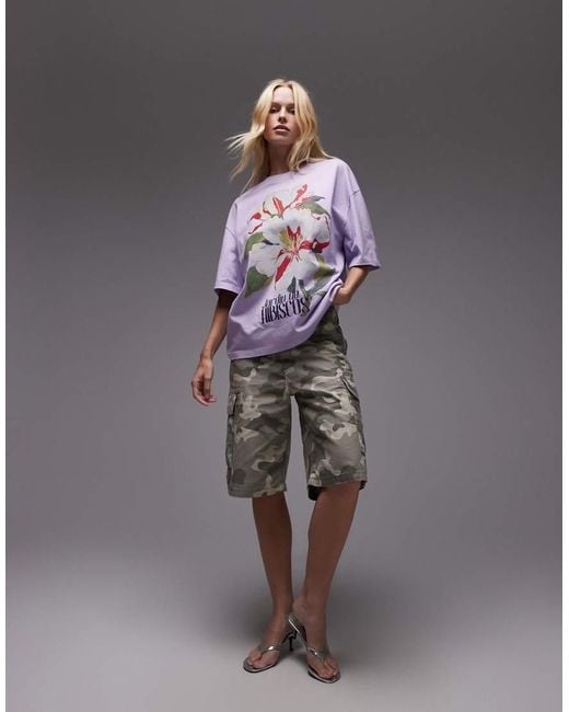 TOPSHOP Gray Graphic Hibiscus Print Oversized Tee