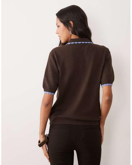 Threadbare Brown Short Sleeve Knitted Polo Top With Contrast Tipping