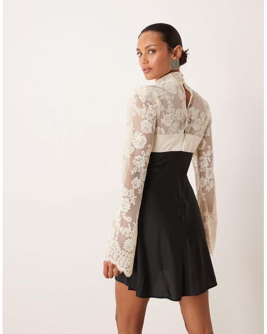 For Love & Lemons Women's White Lace And Satin Mix Long Sleeve Mini Dress  With Bow Bust Detail - benaras.co