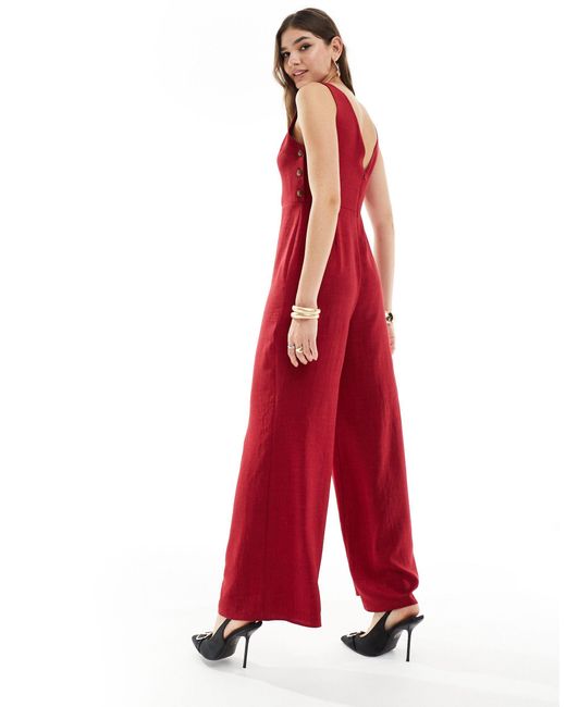 ASOS Red High Neck Button Side Detailed Wide Leg Jumpsuit