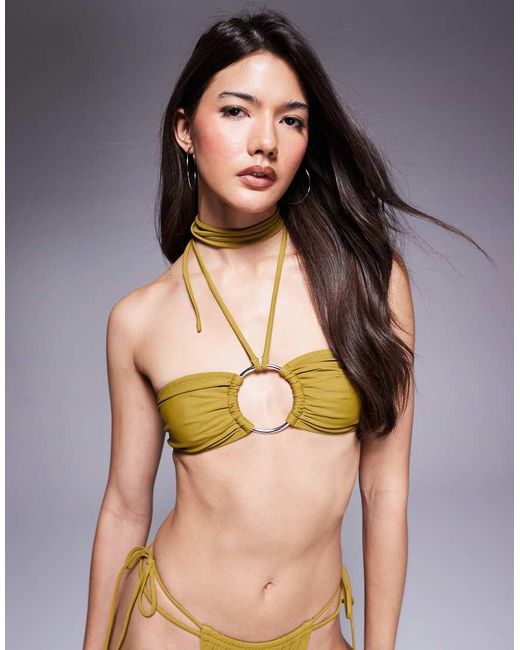 ASOS Green Colette Deep Pleat Bandeau Bikini Top With Oversized Ring And Neck Tie Detail