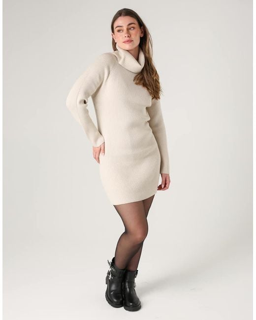 French Connection Natural Cosy Ribbed Cowl Neck Long Sleeve Mini Dress