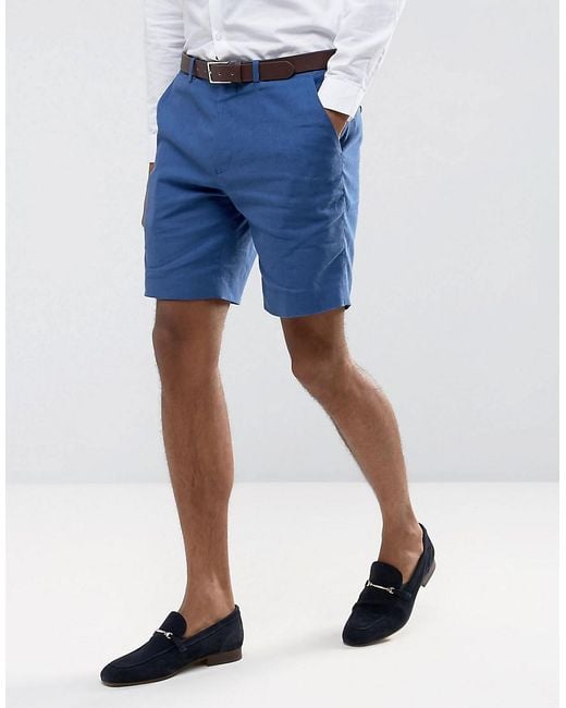ASOS Wedding Super Skinny Suit Shorts In Mid Blue Stretch Linen Cotton for men