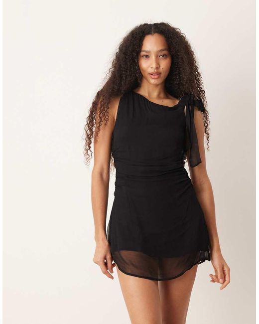 Vrg Grl Black Off The Shoulder Tie Detail Mesh Mini Dress