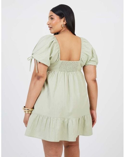 Brave Soul Green Curve Cotton Puff Sleeve Mini Dress