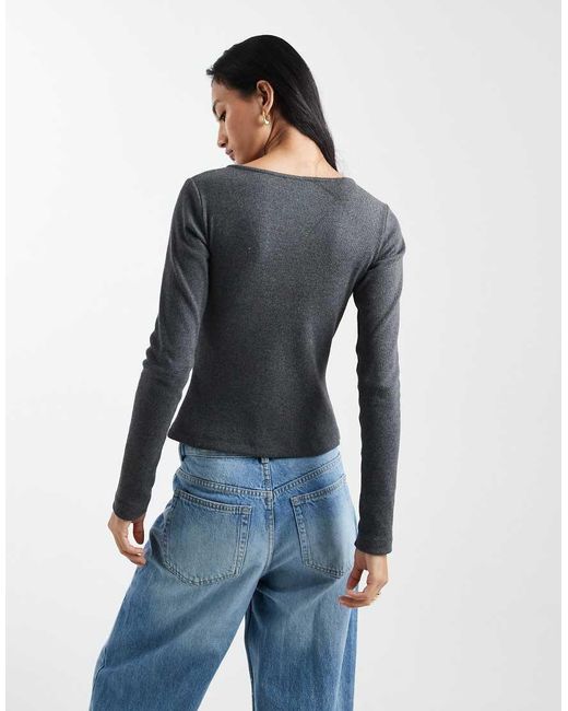 ASOS Blue Long Sleeve With V Neck And Lace Black Trim Top