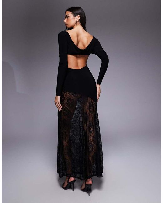 ASOS Blue Lace Mix Slinky Plunge Long Sleeve Maxi Dress