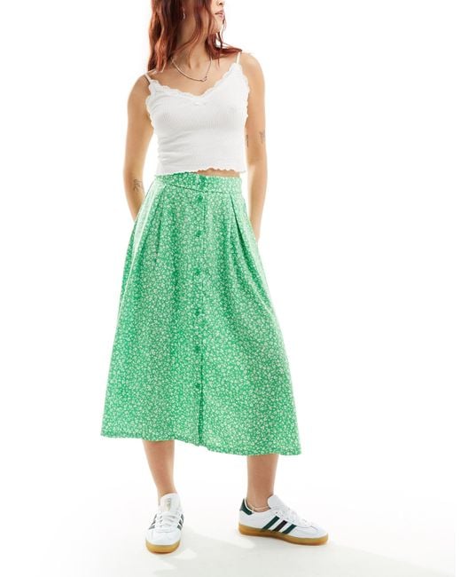 Monki Green Button Through Midi Skirt