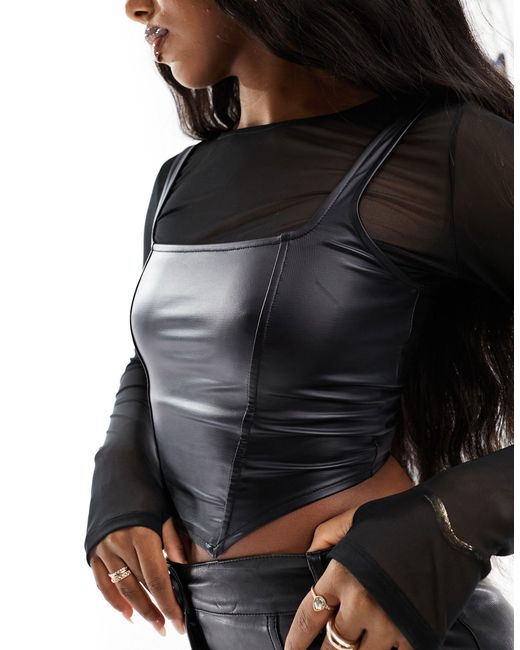 ASOS Black 2 In 1 Mesh And Leather Look Corset Top In
