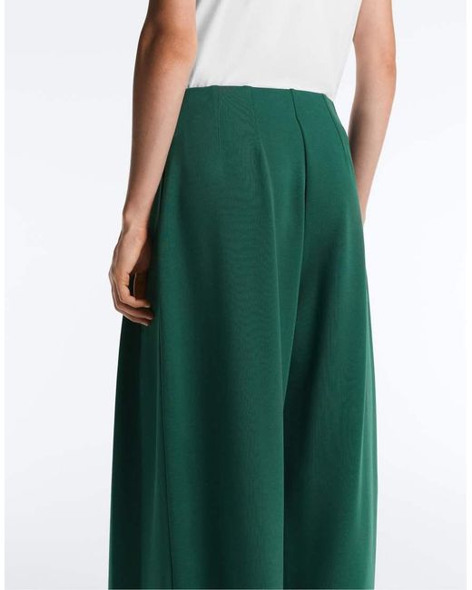 Oysho Green Cotton Wide-leg Pique Pleated Trousers