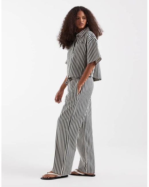 River Island Gray Tie Waist Wide Leg Striped Jeans