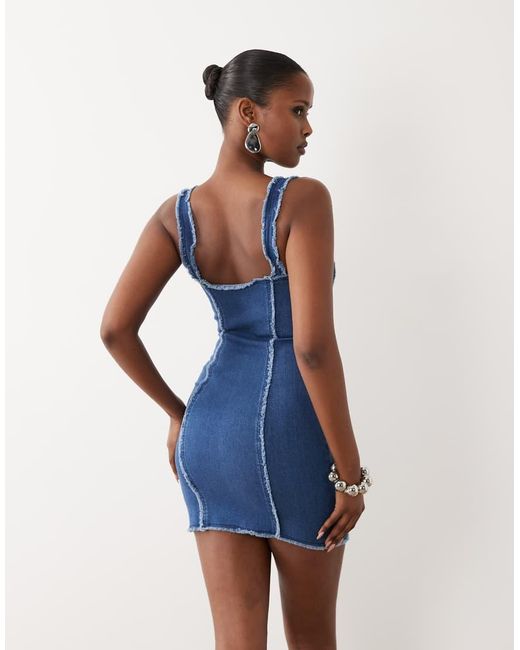 The Frolic Blue Exclusive Denim Raw Edge Seam Detail Mini Dress