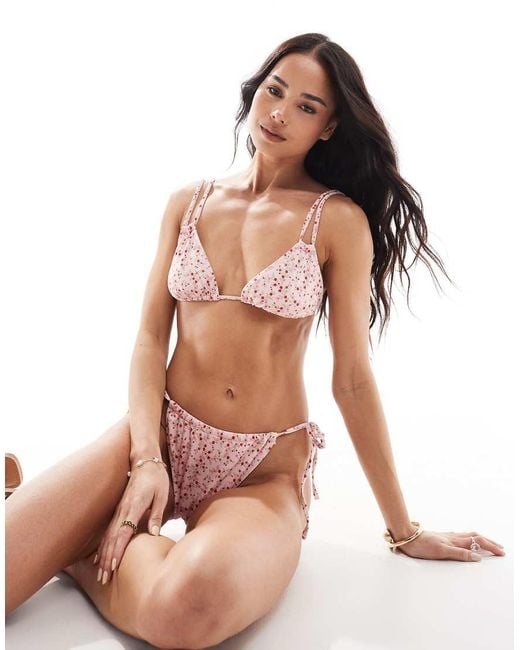 Miss Selfridge Pink Double Strap Tie Front Triangle Bikini Top