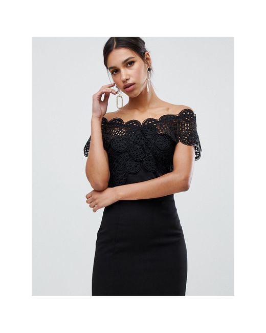 black lace bardot dress