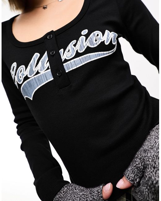 Collusion Black Long Sleeve Ribbed Graphic Top