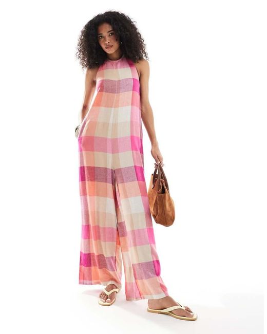 Native Youth Geruite Jumpsuit Met Halternek in het Pink