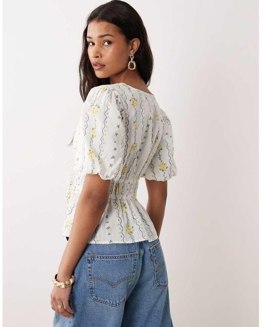 Nobody's Child Blue Cordelia V-neck Puff Sleeve Tie Detail Top