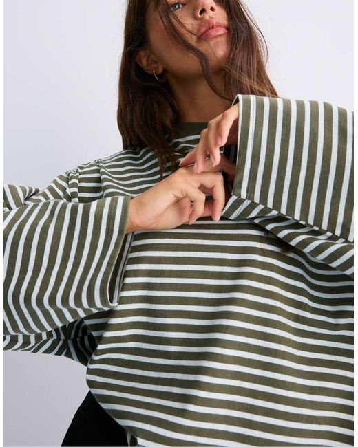 Stradivarius Gray Oversize Striped Long Sleeve T-shirt