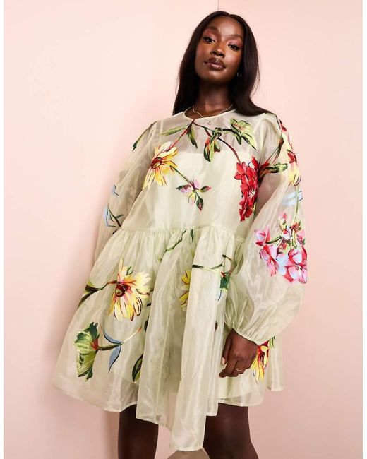 ASOS Curve Oversized Organza Mini Smock Dress With Floral Embroidery in Natural Lyst UK