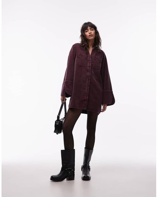 ASOS Red Cord Mini Shirt Dress With Wide Cuffs And Oversized Pockets