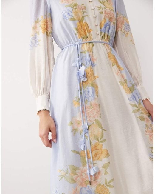 Forever New Natural Linen Look Balloon Sleeve Floral Belt Detail Midaxi Shirt Dress
