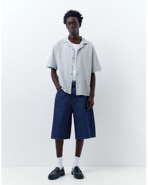 Pull&Bear Blue Short Sleeve Linen Blend Shirt for men