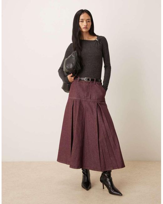 ASOS Brown Denim Pleated Maxi Skirt
