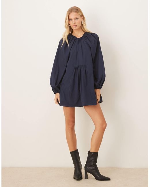 ASOS Blue Volume Smock Mini Dress With Tie Back Detail