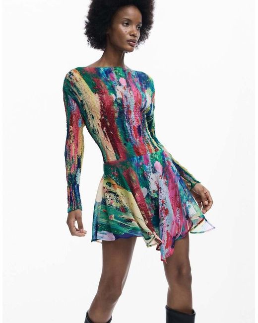 Desigual Blue Ruched Asymmetric Dress