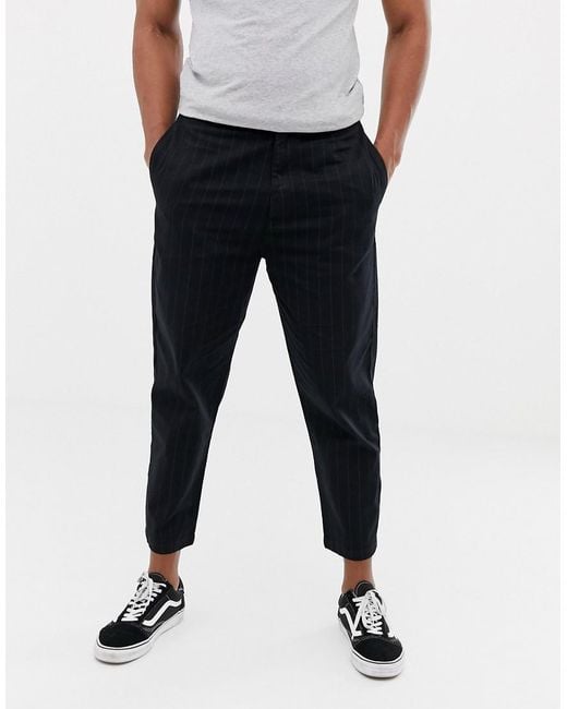 Bershka Carrot Fit Trousers With Pin Stripe In Black for men