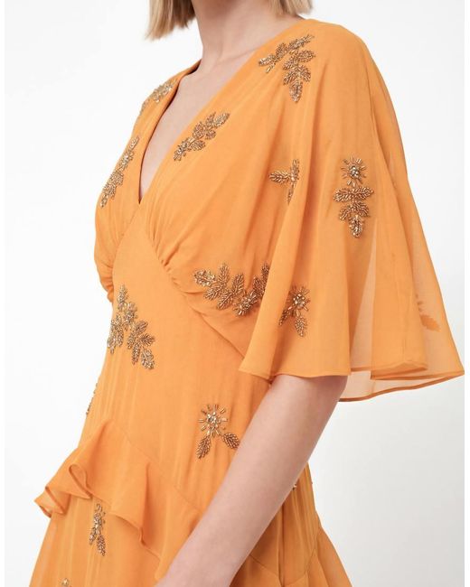 Maya Orange Floral Embellished V Neck Kimono Sleeve Ruffled Maxi Dress