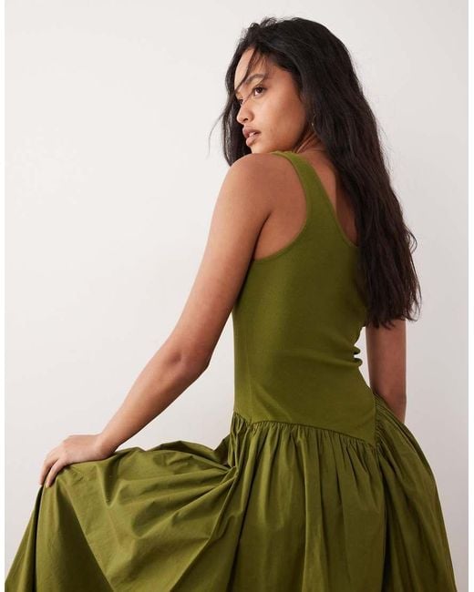 ASOS Green Basque Waist Midi Dress With Woven Skirt