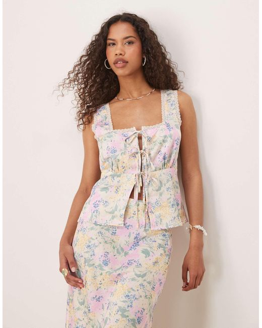 Y.A.S Natural Lace Trim Tie Front Satin Cami Top Co-ord