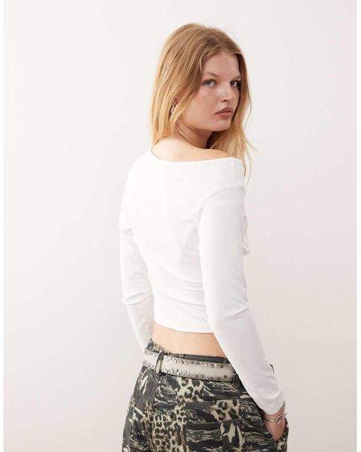 Collusion White Off Shoulder Cinched Waist Long Sleeve Top