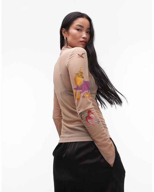 & Other Stories Multicolor Stretch Mesh Long Sleeve Top With Dreamscape Floral Placement Print