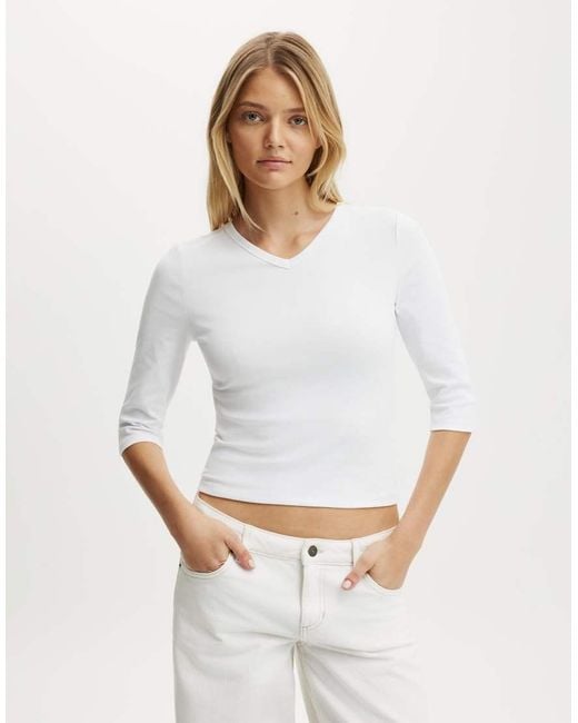 Cotton On White 90S V Neck ¾ Sleeve