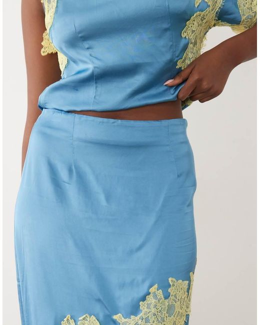 Never Fully Dressed Blue Millie Satin Lace Detail Maxi Skirt