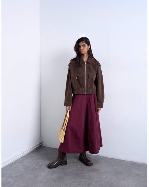 TOPSHOP Red Faux Suede Bomber Jacket With Popper Details
