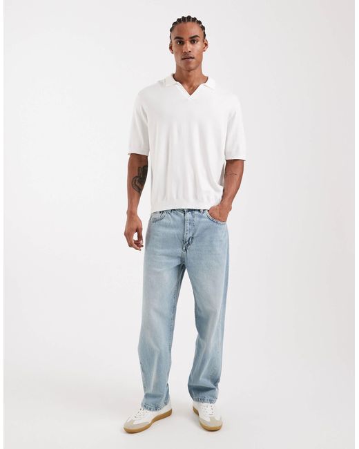 Only & Sons White Relaxed Fit Split Neck Polo for men