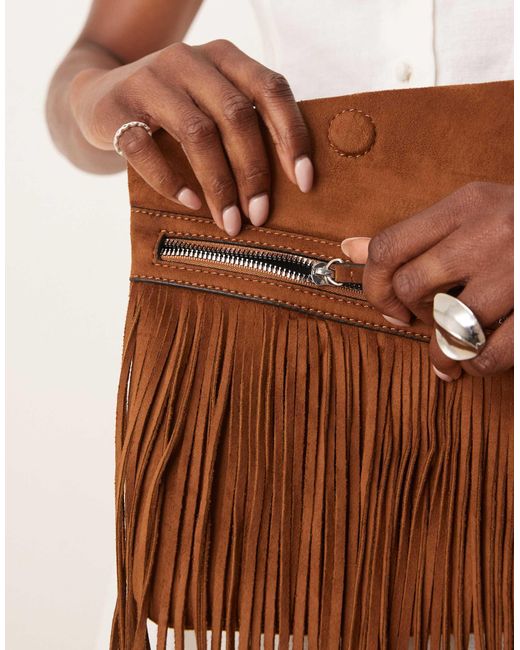 ASOS Brown Faux Suede Tassel Studded Clutch