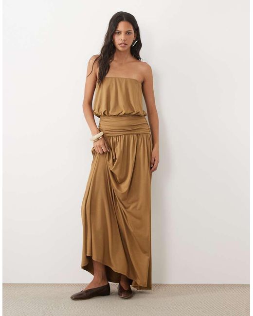ASOS Natural Blouson Bandeau Maxi Split Front Dress
