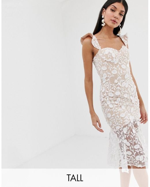 jarlo all over contrast floral lace embroidered midi dress with ruffle hem detail in multi