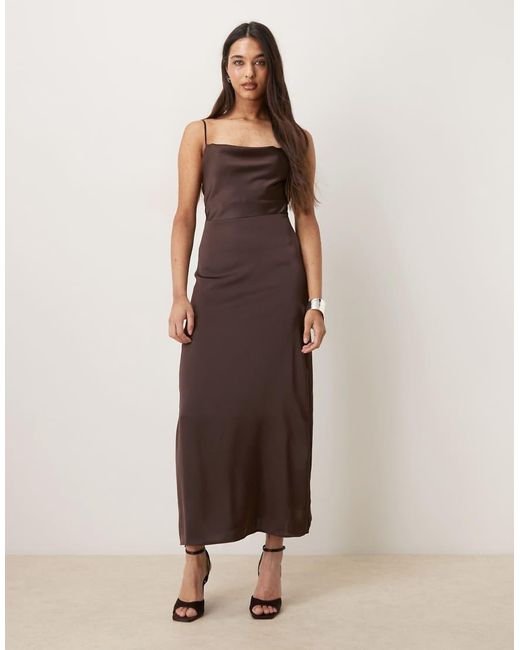 Vila Brown Satin Cowl Neck Maxi Dress