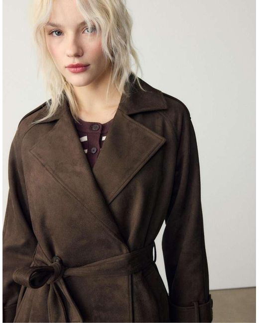 Stradivarius Brown Long Faux Suede Trench Coat