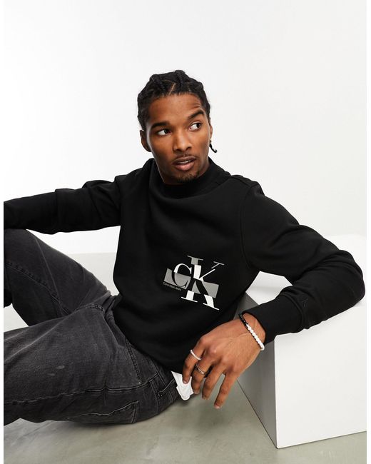 Calvin Klein Black Glitched Ck Logo Crew Neck Sweatshirt for men