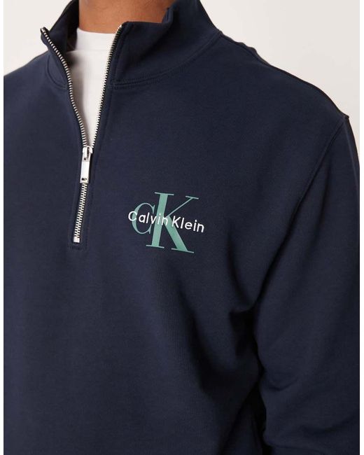 Calvin Klein Blue Monologo Cotton Quarter Zip Sweatshirt for men