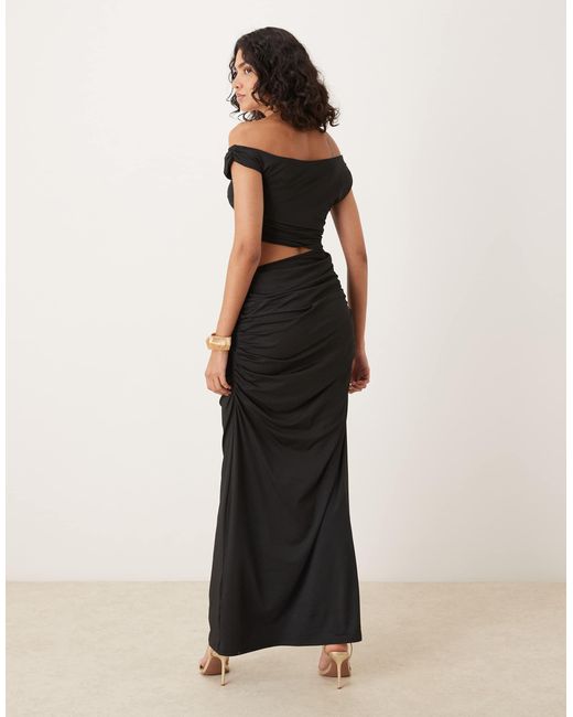 SNDY'S Black Premium Asymmetric Drape Off Shoulder Cutout Maxi Dress
