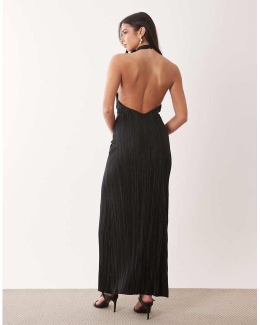 ASOS Natural Plisse Halter Neck Maxi Dress With Trim Detail